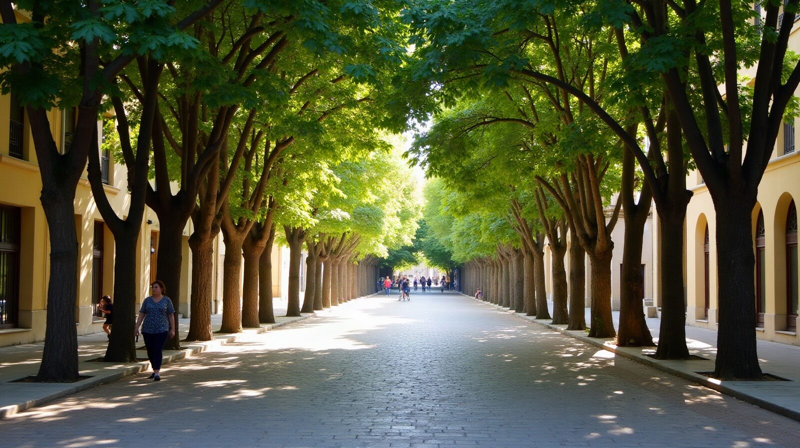 Allée de platanes du cours Mirabeau à Aix-en-Provence, trottoir ombragé bordé de façades de pierre