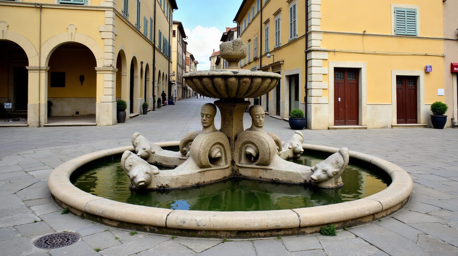 Fontaine des Quatre-Dauphins, bassin rond et obélisque au centre d'une place du quartier Mazarin