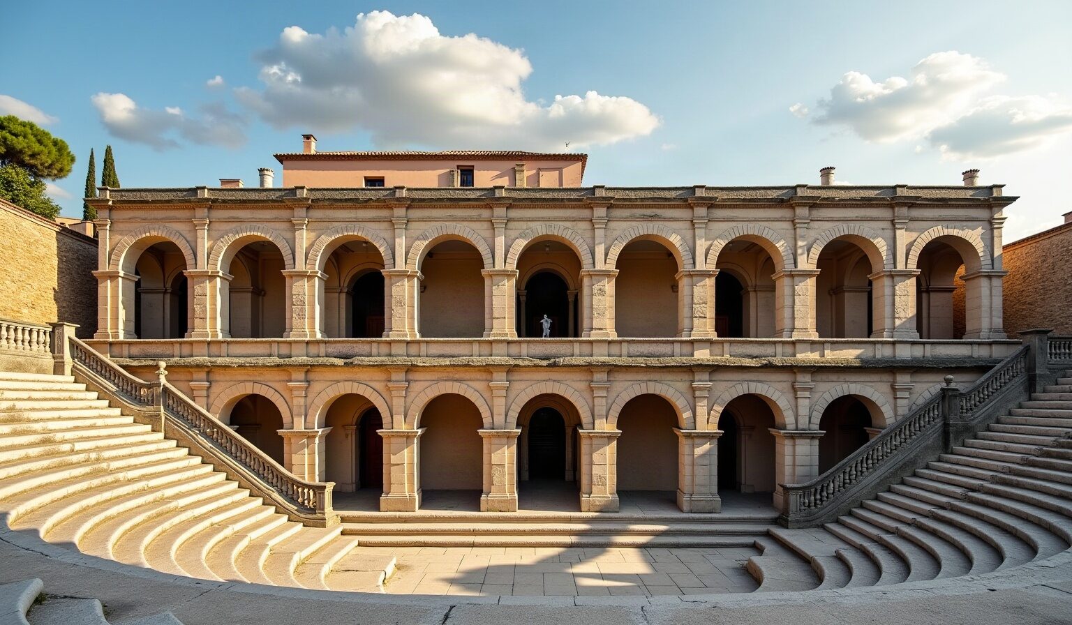 Arcades de pierre de l'amphithéâtre romain d'Arles, vues depuis la rue