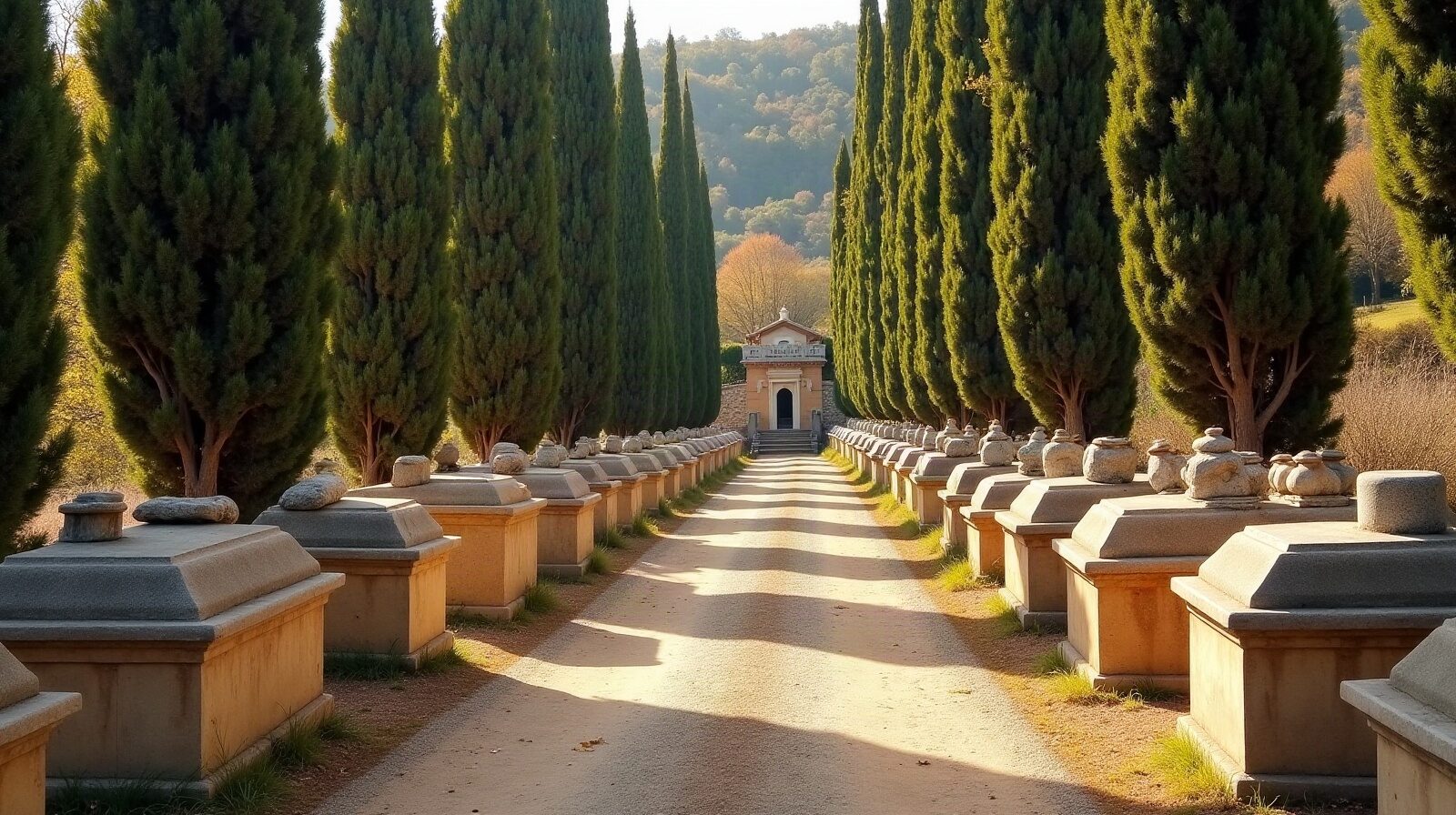 Allée de sarcophages bordée de cyprès devant l'église romane de la nécropole
