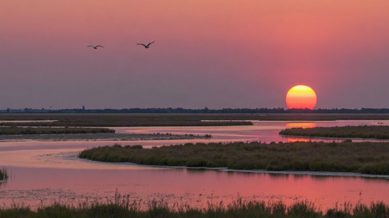 Les marais de Camargue au coucher du soleil, entre digues et roselières
