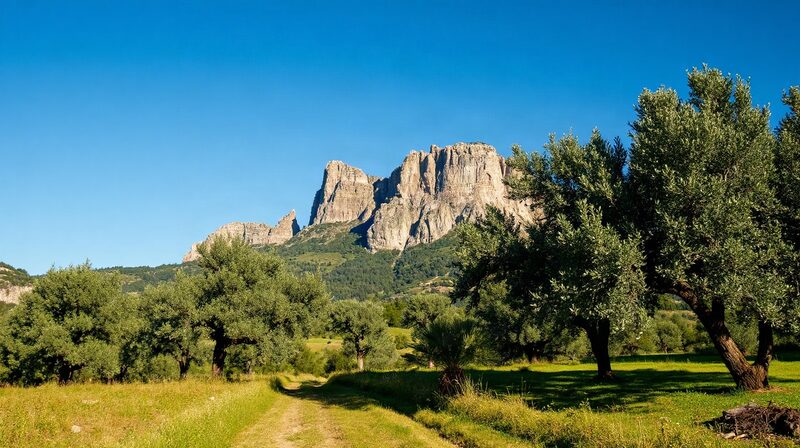 Les oliviers et les cyprès au pied du chaînon calcaire des Alpilles