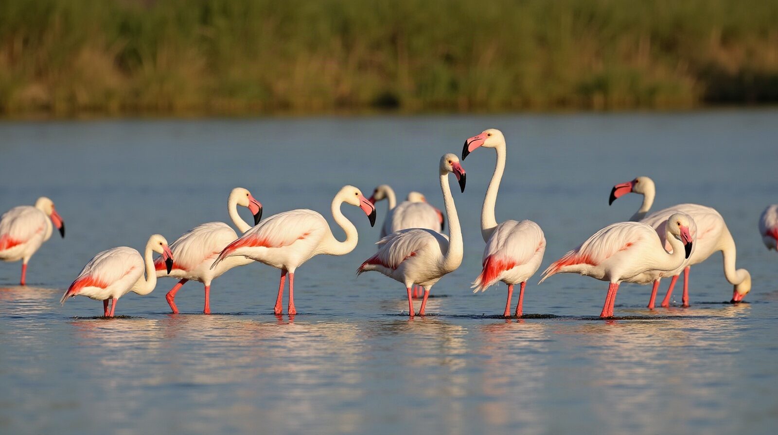 Flamants roses dans une lagune peu profonde de Camargue