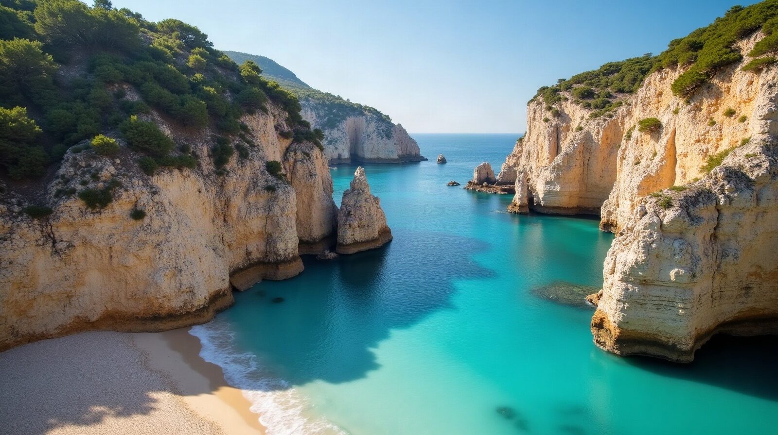 Parois verticales de la calanque d'En-Vau et plage de galets vues depuis la mer