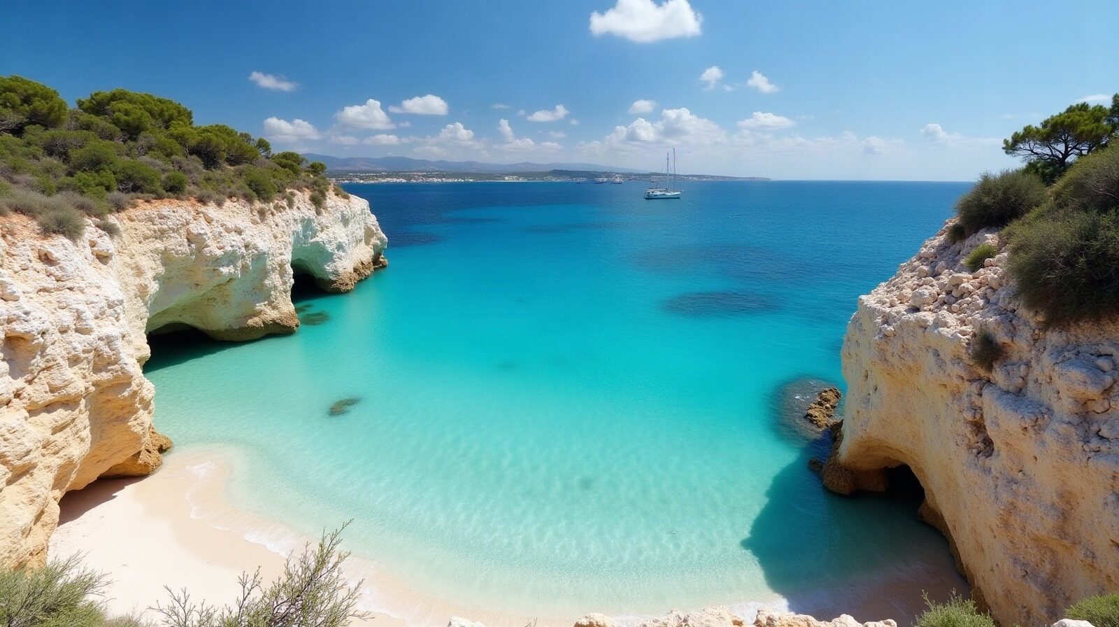 Calanque de calcaire blanc et eau turquoise vue depuis le sentier, pinède et falaises