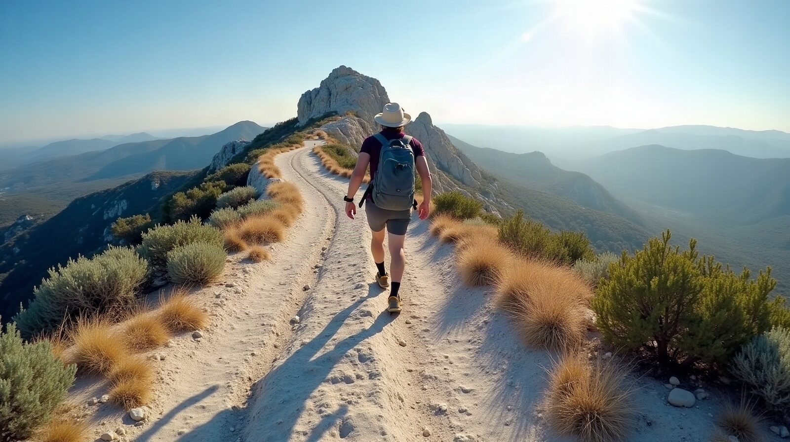 Dalles de calcaire nu et lapiaz sur le plateau sommital de la Sainte-Victoire, avec un randonneur de dos sur un sentier pierreux au petit matin