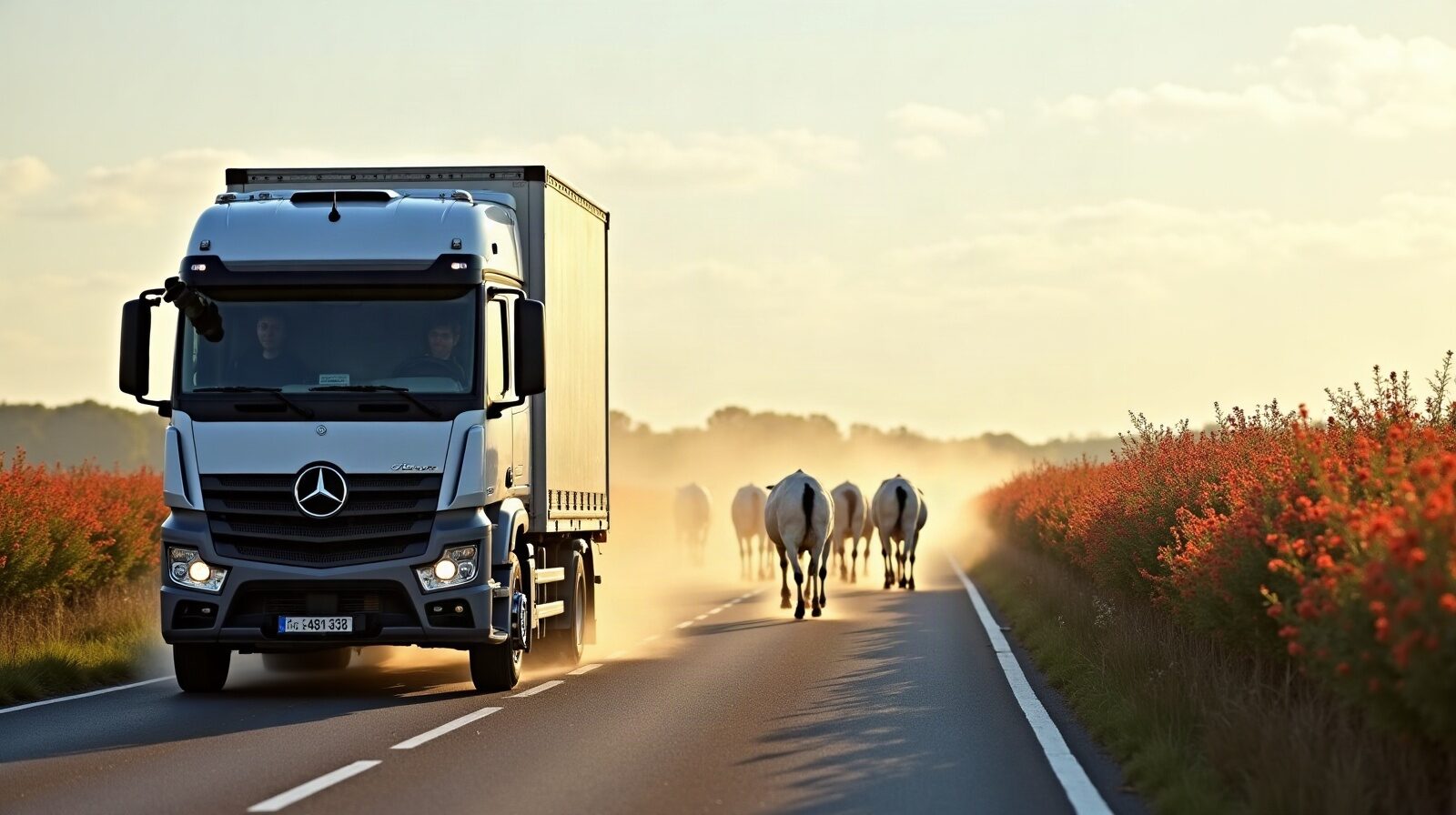 Un autocar régional sur une route de Camargue bordée de marais